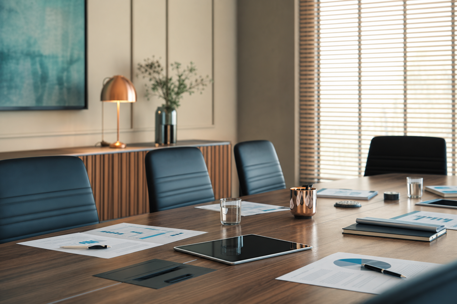 Quiet boardroom prepared for a substance review