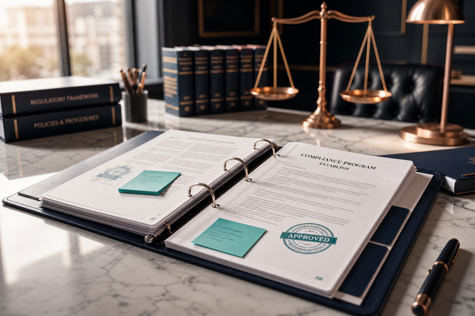 Regulatory binders and copper scales of justice on a marble desk