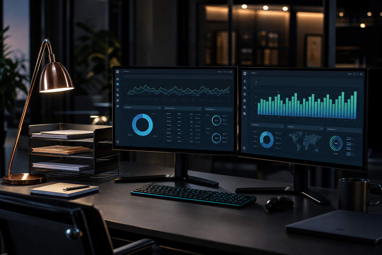 Compliance operations desk with monitoring dashboards