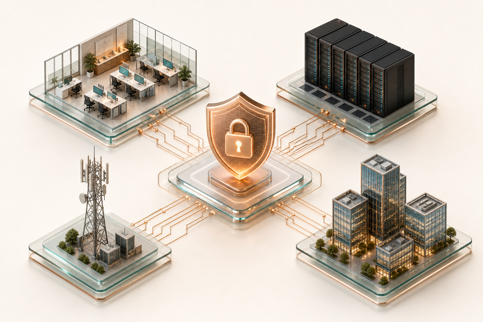 Connected infrastructure ecosystem spanning office, data center, security, telecommunications, and enterprise platforms