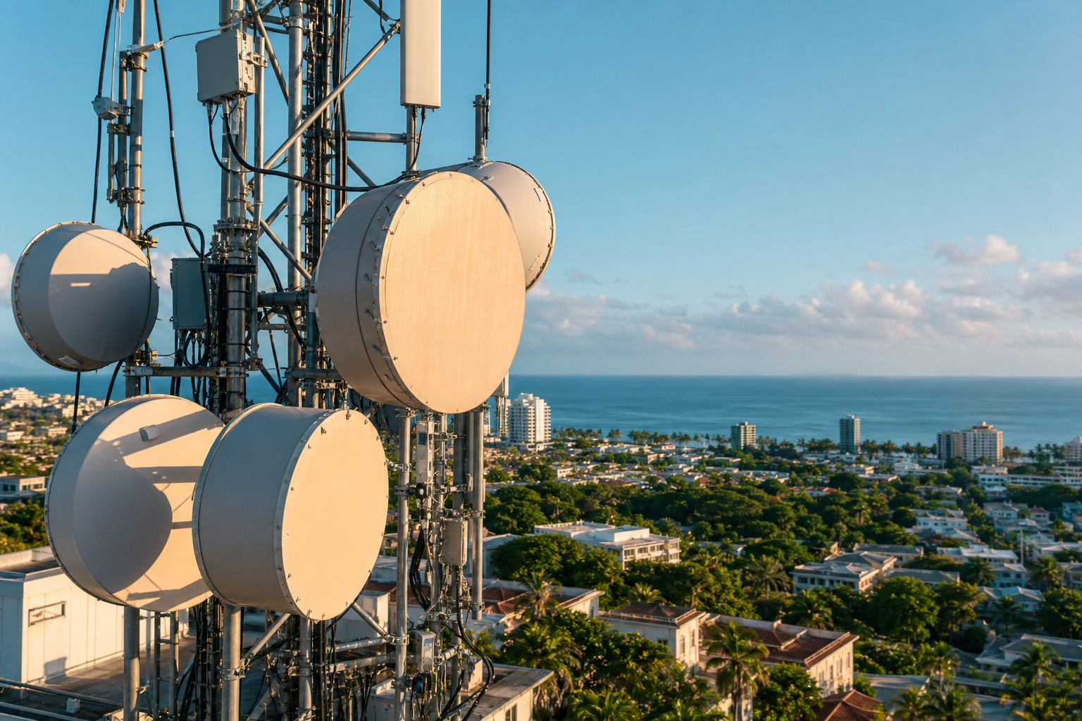 Telecommunications infrastructure against a coastal city skyline