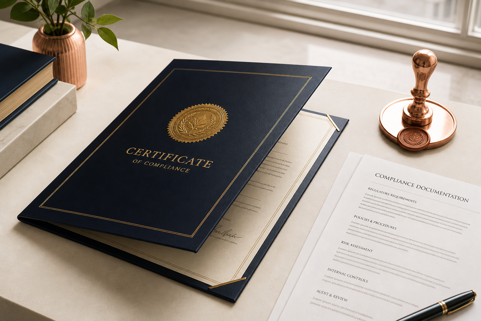 Certification seals and compliance documentation on a desk