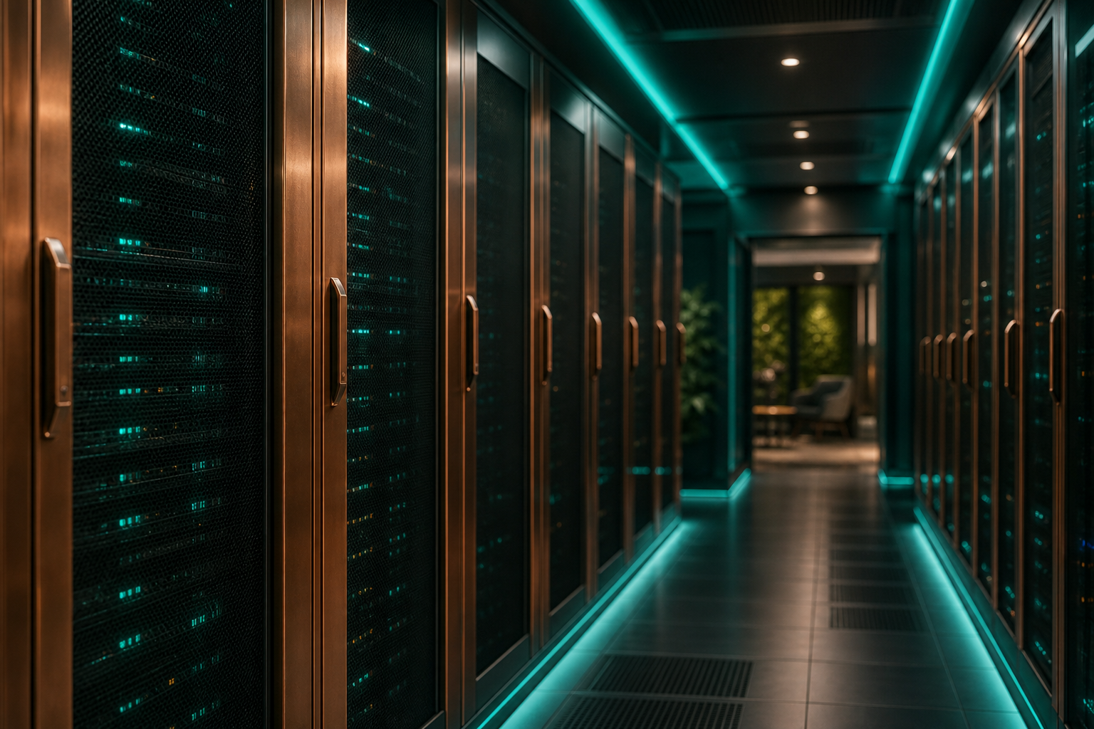 Secure data center corridor with teal ambient lighting