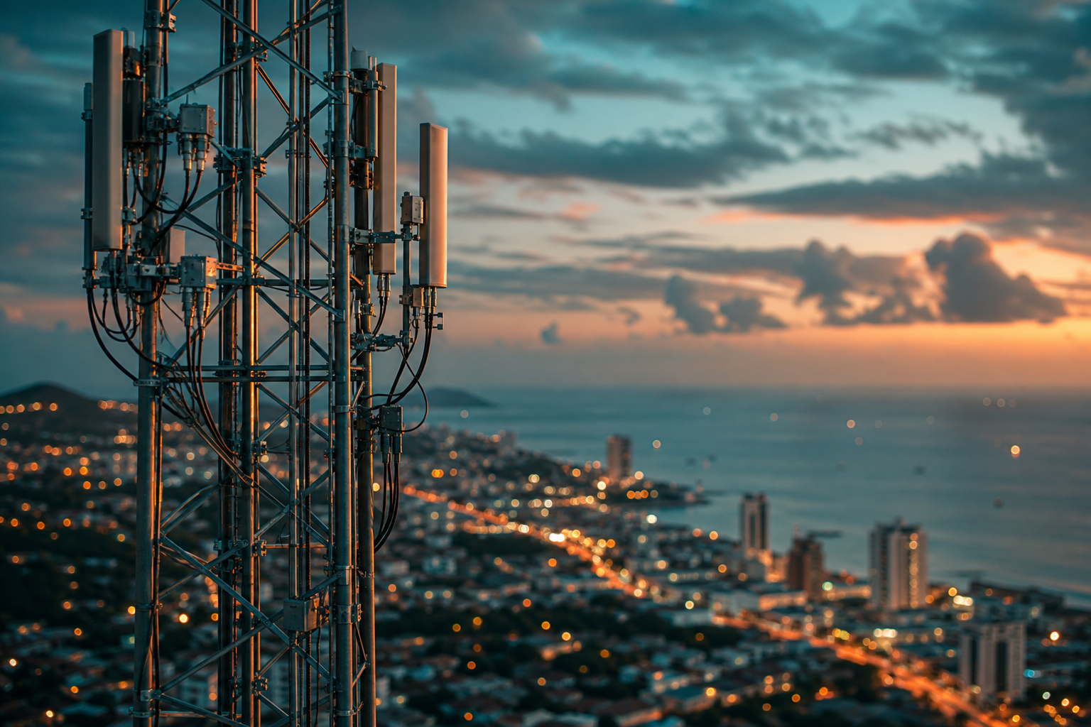 Telecommunications infrastructure against a coastal skyline