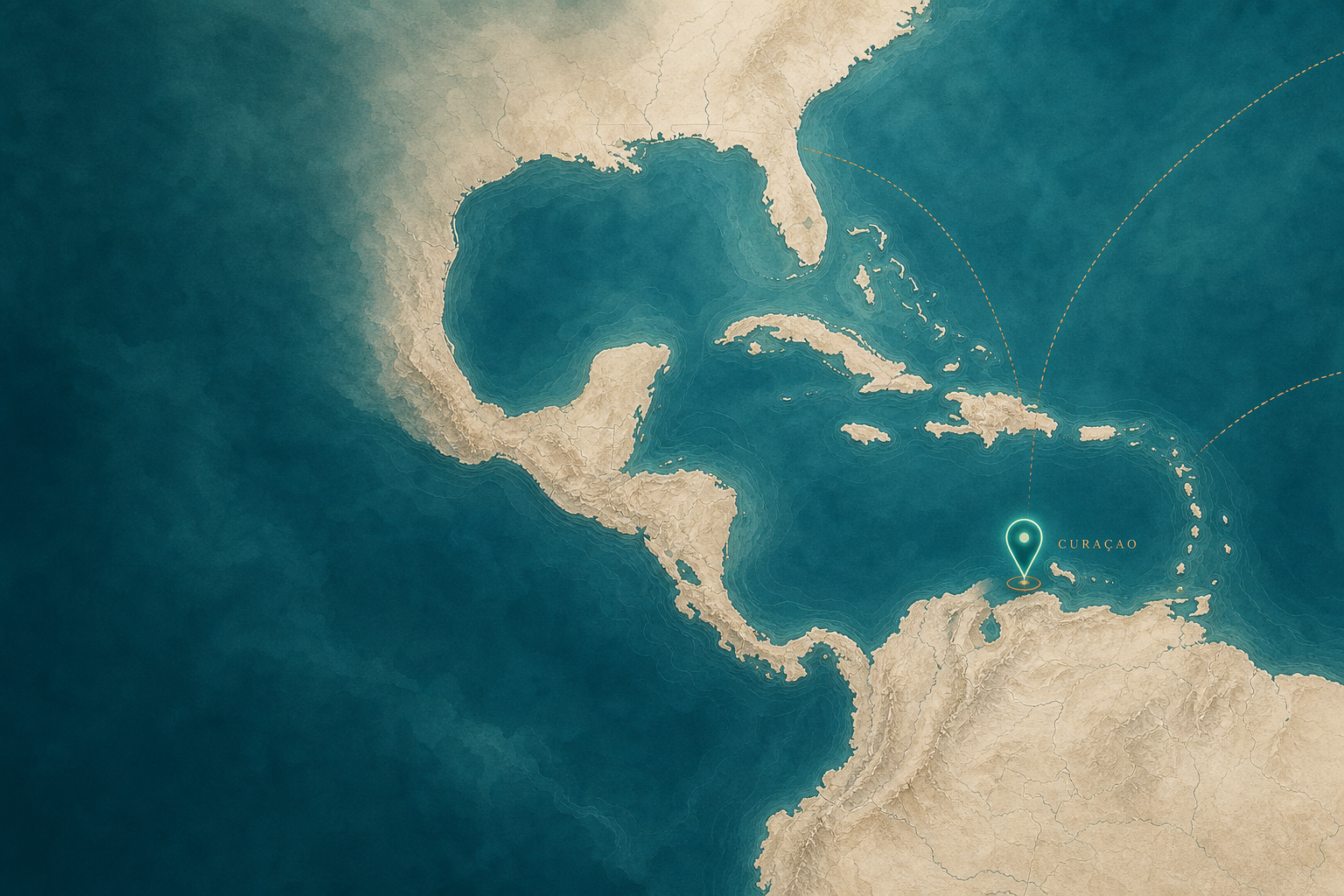 Stylized map of the Americas and Caribbean with Curaçao marked at the center